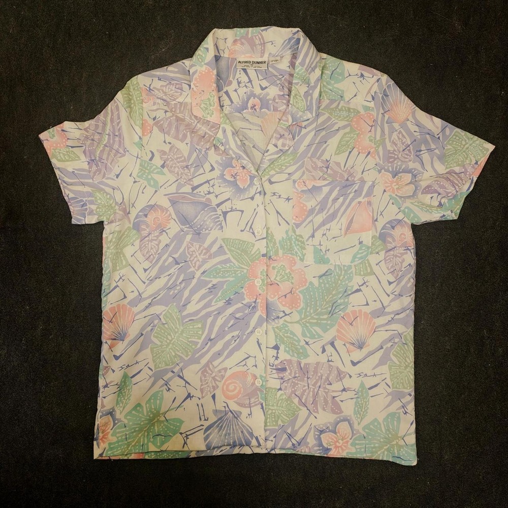 Vtg 90s Alfred Dunner Pastel Tropical Shell Camp Shirt Blouse Women's 10 USA